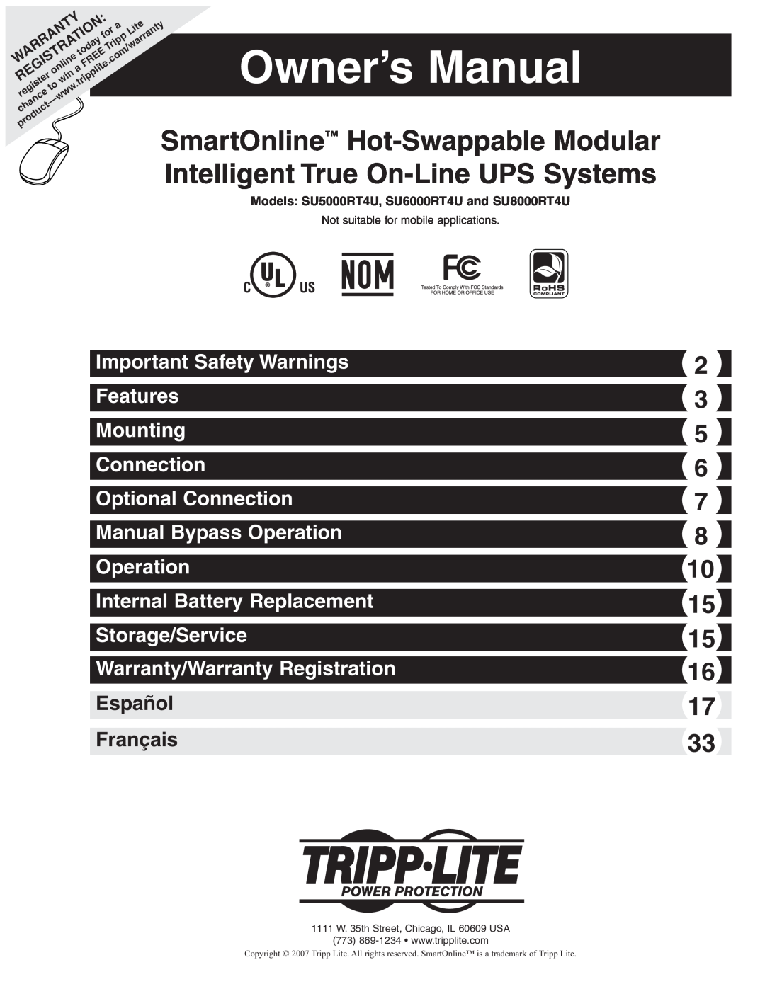 Tripp Lite SU6000RT4U owner manual Owner’s Manual, SmartOnline, Hot-Swappable Modular, Warranty/Warranty Registration 