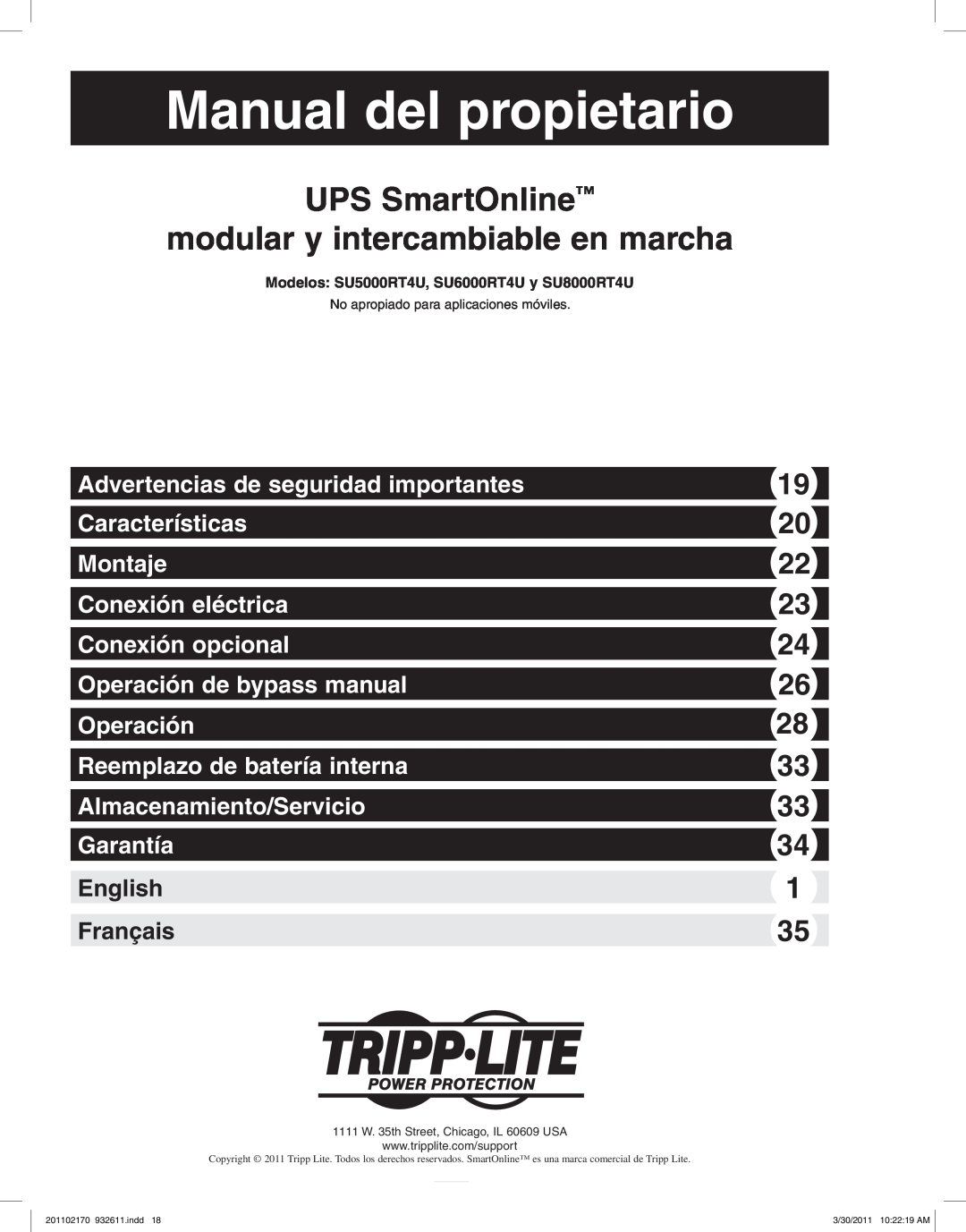 Tripp Lite SU8000RT4U, SU6000RT4U Manual del propietario, UPS SmartOnline modular y intercambiable en marcha, Garantía 