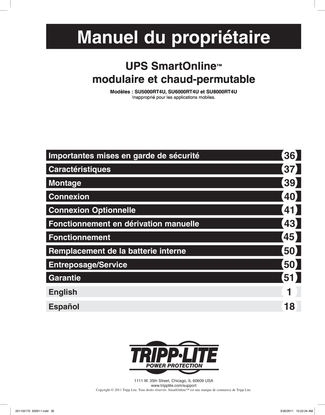 Tripp Lite SU5000RT4U Manuel du propriétaire, UPS SmartOnline modulaire et chaud-permutable, Entreposage/Service Garantie 