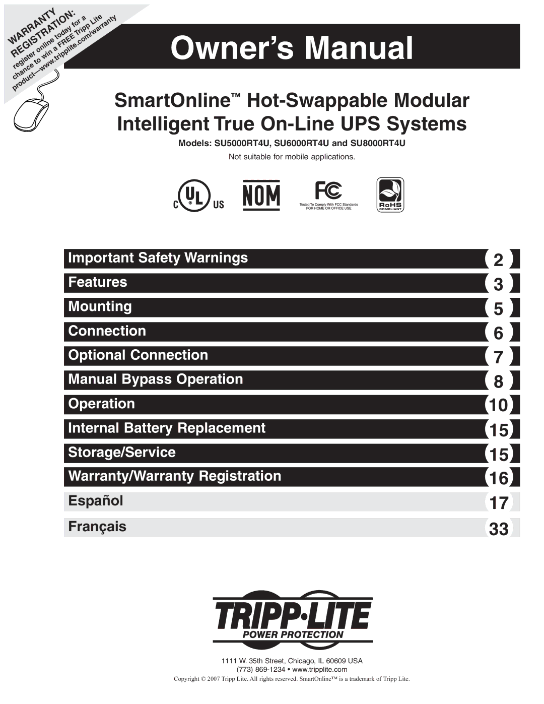 Tripp Lite SU6000RT4U, SU8000RT4U, SU5000RT4U owner manual Español Français, Registration 