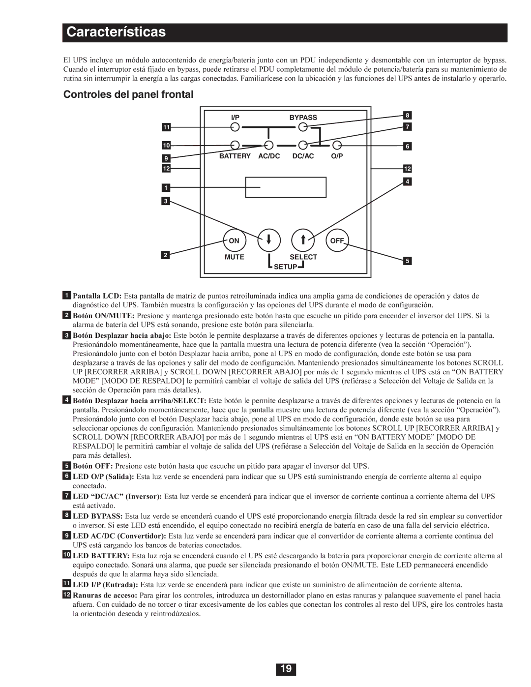 Tripp Lite SU6000RT4U, SU8000RT4U, SU5000RT4U owner manual Controles del panel frontal 