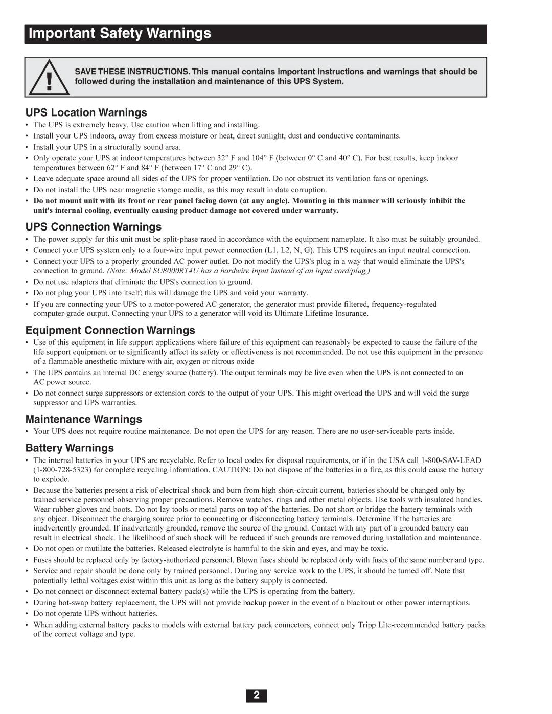 Tripp Lite SU5000RT4U, SU8000RT4U, SU6000RT4U owner manual Important Safety Warnings 