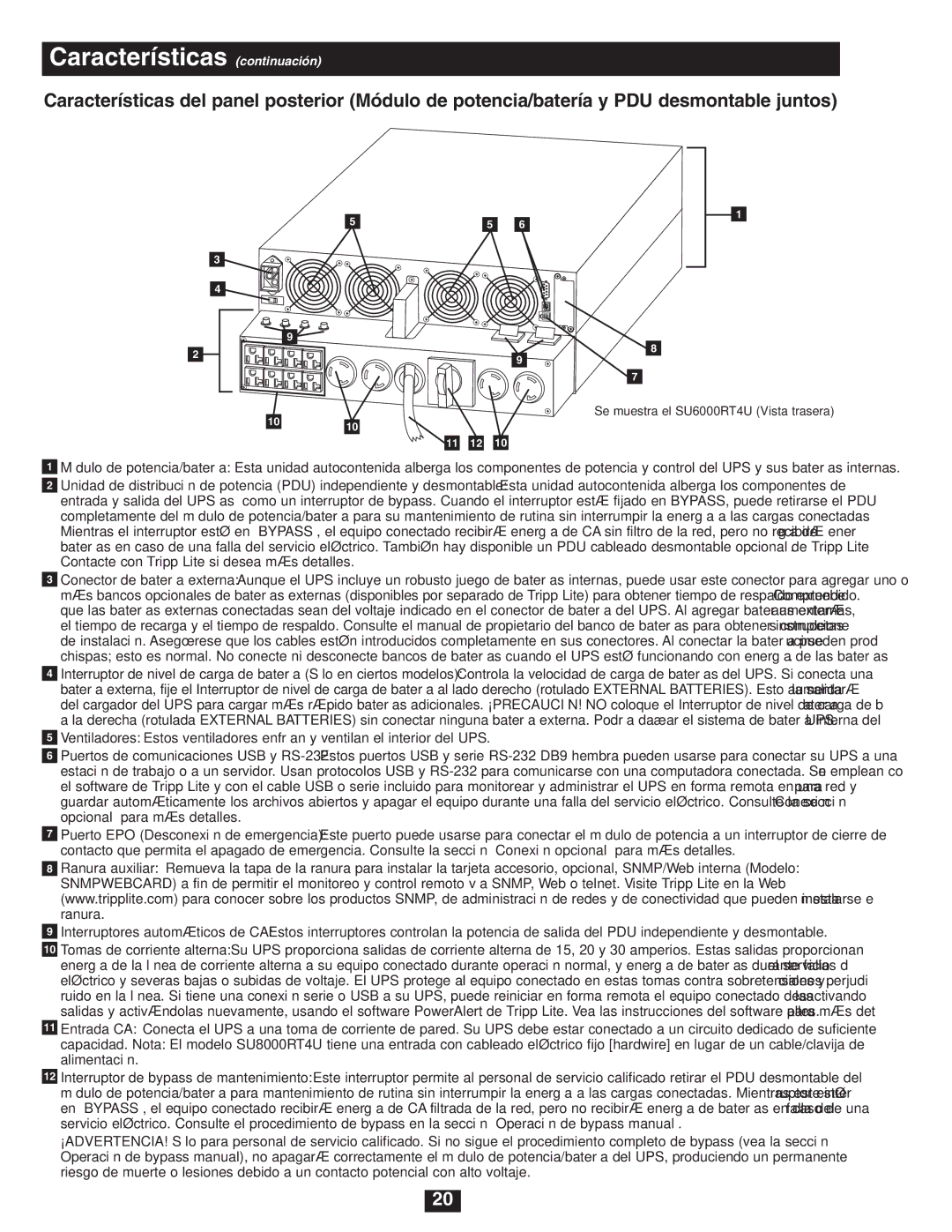 Tripp Lite SU5000RT4U, SU8000RT4U, SU6000RT4U owner manual Características continuación 