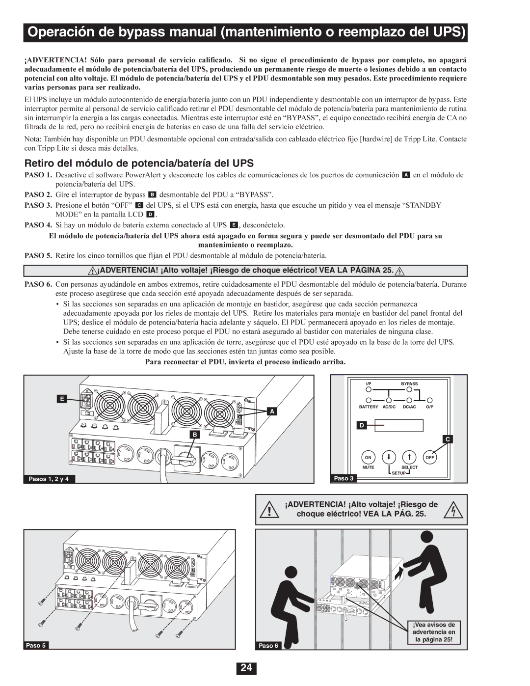 Tripp Lite SU8000RT4U, SU6000RT4U, SU5000RT4U owner manual Operación de bypass manual mantenimiento o reemplazo del UPS 