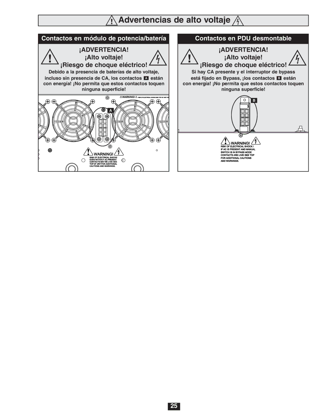Tripp Lite SU6000RT4U, SU8000RT4U, SU5000RT4U Advertencias de alto voltaje, ¡Alto voltaje ¡Riesgo de choque eléctrico 