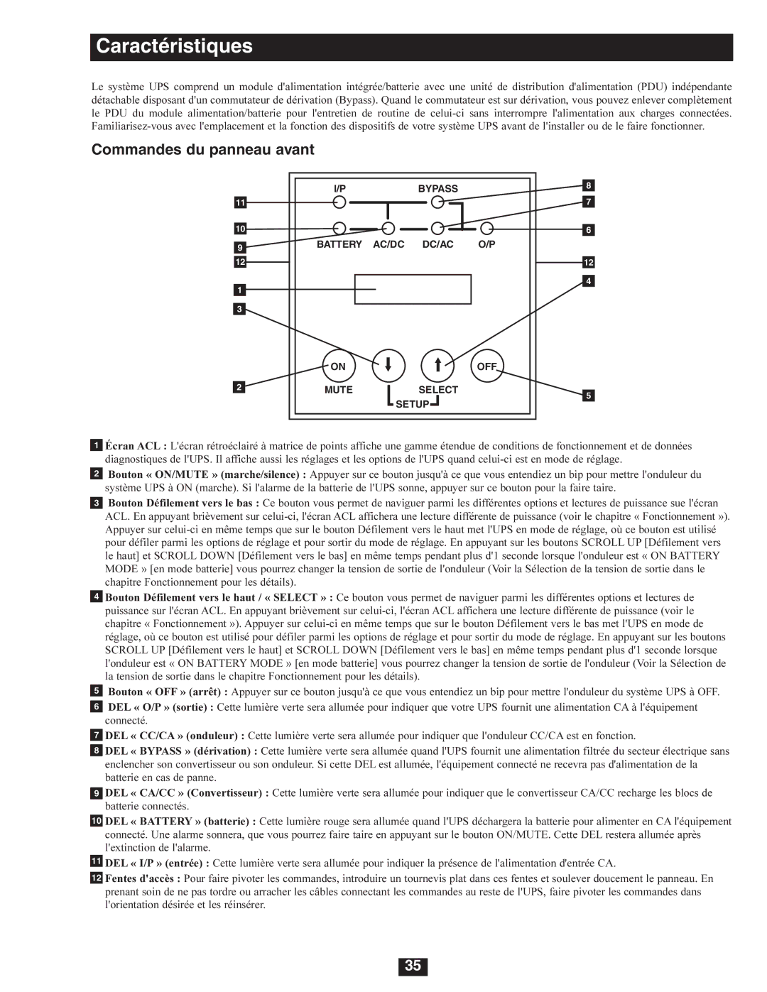 Tripp Lite SU5000RT4U, SU8000RT4U, SU6000RT4U owner manual Commandes du panneau avant 