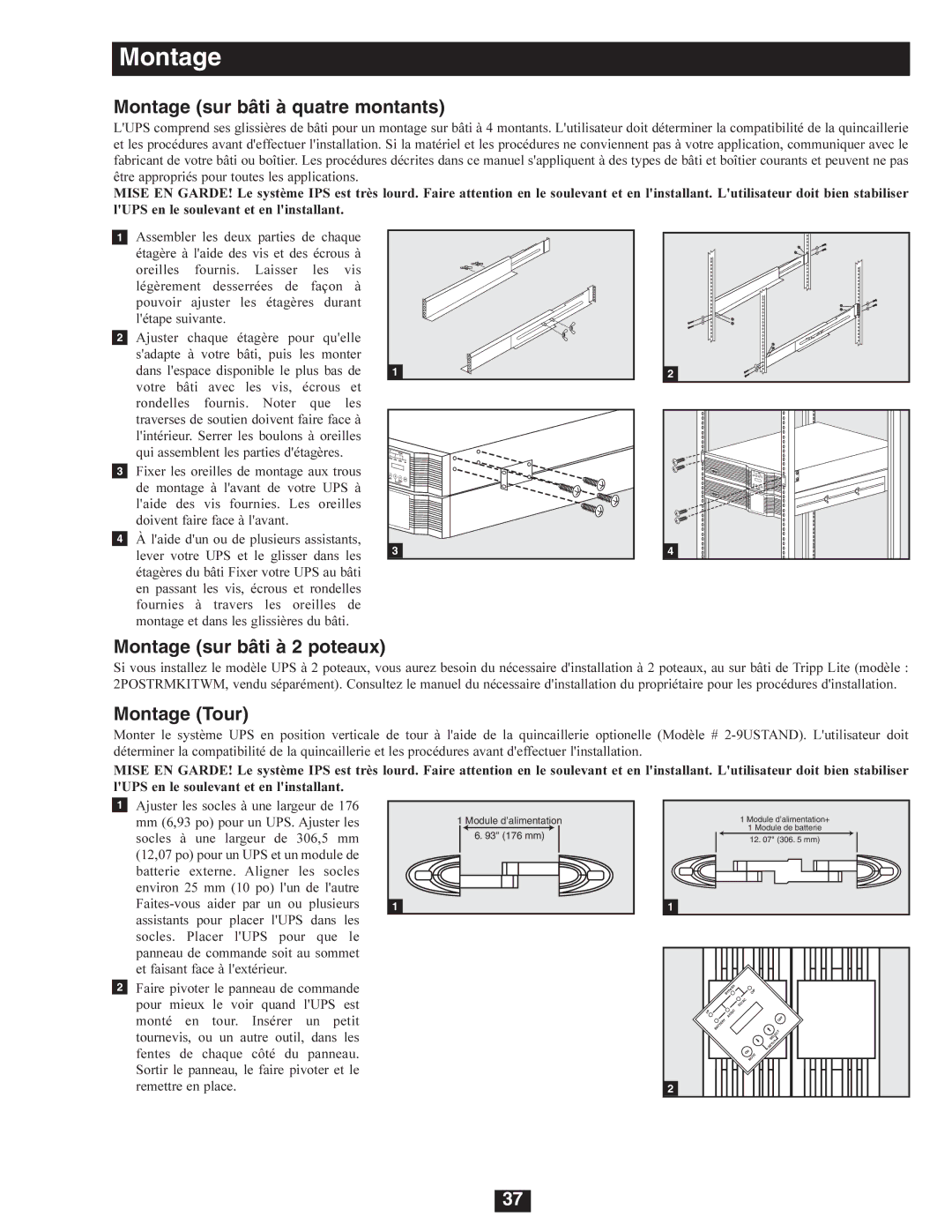 Tripp Lite SU6000RT4U, SU8000RT4U Montage sur bâti à quatre montants, Montage sur bâti à 2 poteaux, Montage Tour 
