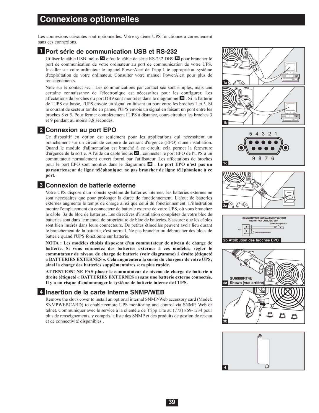 Tripp Lite SU8000RT4U Connexions optionnelles, Port série de communication USB et RS-232, Connexion au port EPO 