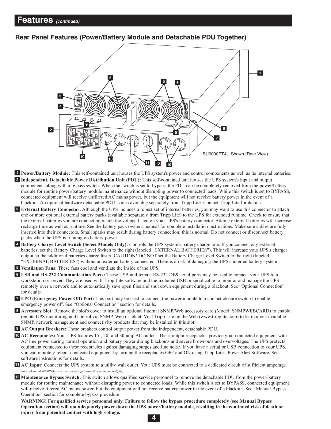 Tripp Lite SU6000RT4U, SU8000RT4U, SU5000RT4U owner manual Features 