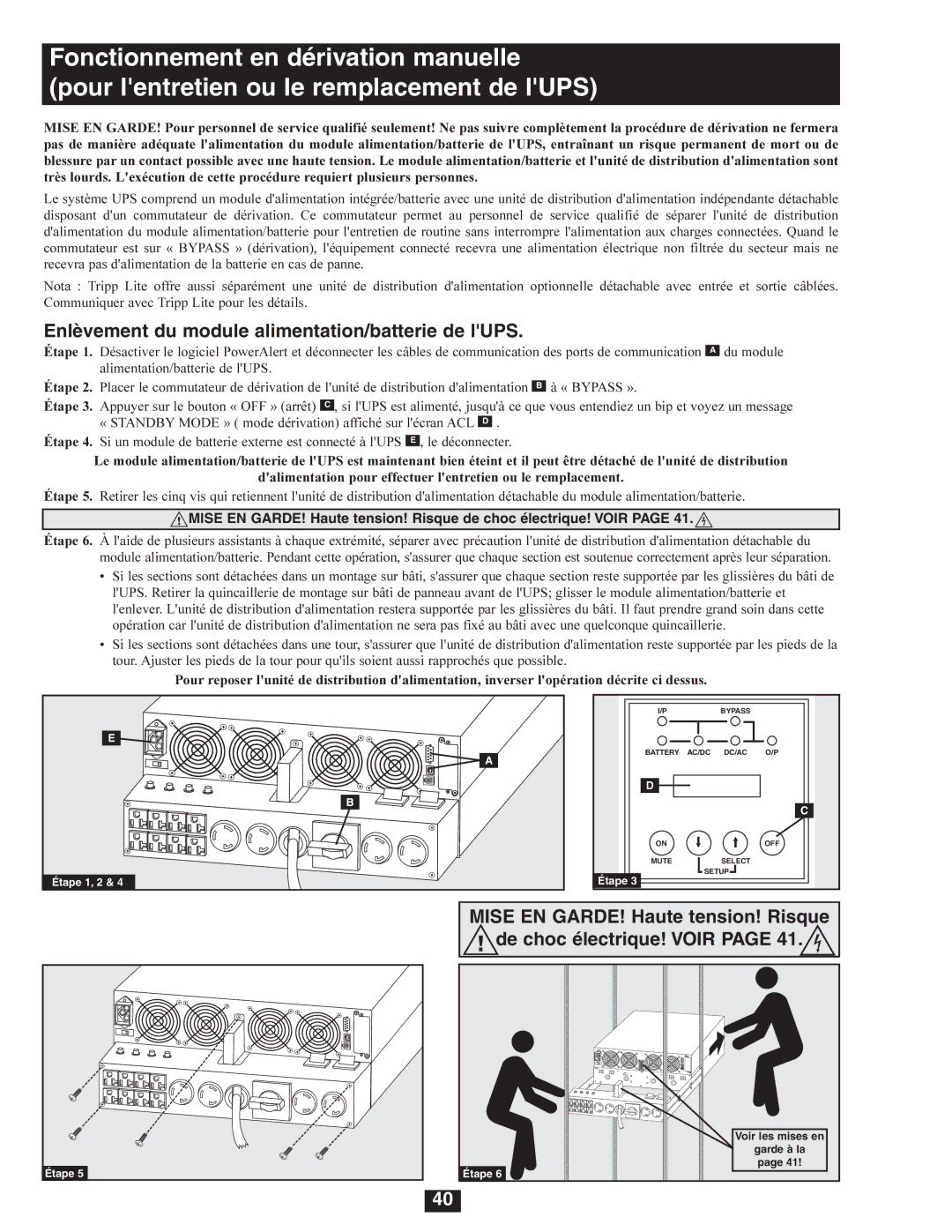 Tripp Lite SU6000RT4U, SU8000RT4U, SU5000RT4U owner manual Enlèvement du module alimentation/batterie de lUPS 