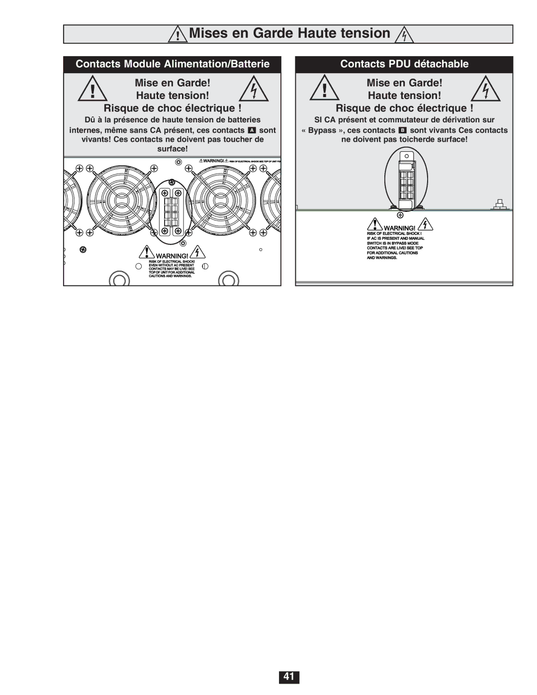 Tripp Lite SU5000RT4U, SU8000RT4U Mises en Garde Haute tension, Mise en Garde Haute tension Risque de choc électrique 