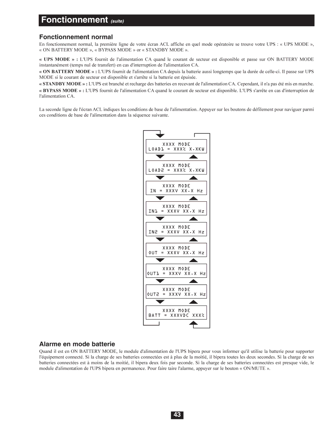 Tripp Lite SU6000RT4U, SU8000RT4U, SU5000RT4U Fonctionnement suite, Fonctionnement normal, Alarme en mode batterie 