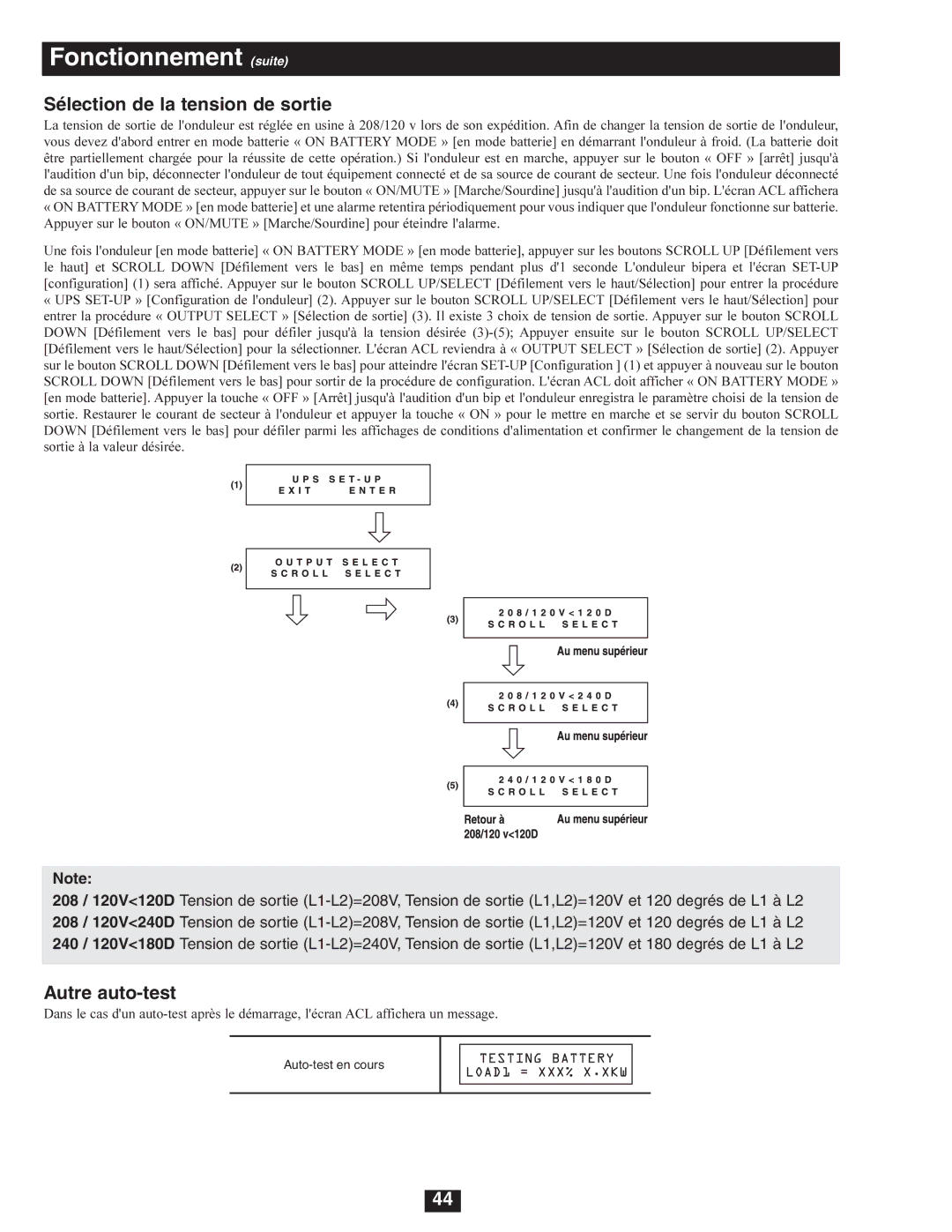 Tripp Lite SU5000RT4U, SU8000RT4U, SU6000RT4U owner manual Sélection de la tension de sortie, Autre auto-test 