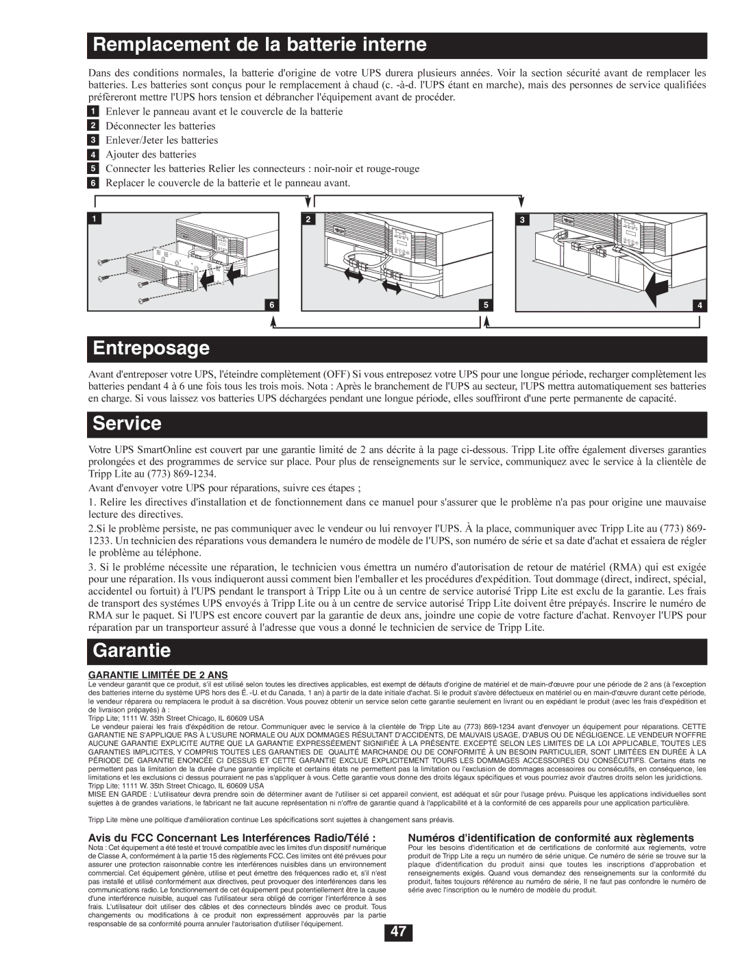 Tripp Lite SU5000RT4U, SU8000RT4U, SU6000RT4U owner manual Entreposage, Garantie Limitée DE 2 ANS 