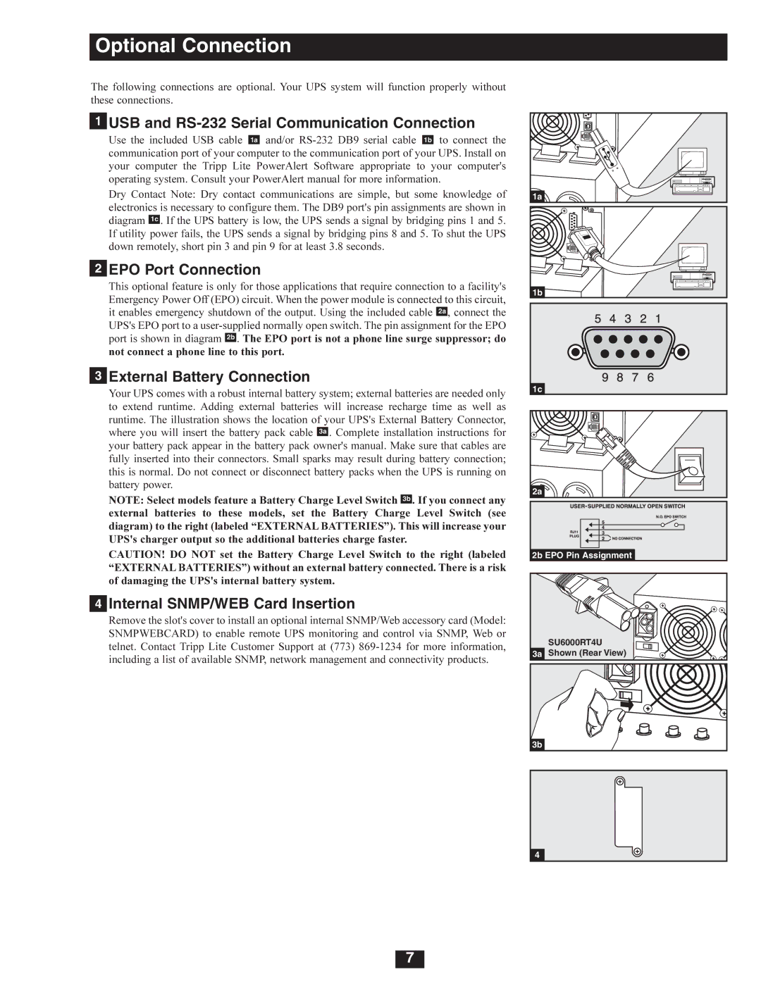 Tripp Lite SU6000RT4U, SU8000RT4U, SU5000RT4U USB and RS-232 Serial Communication Connection, EPO Port Connection 