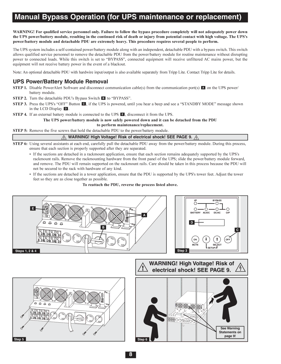 Tripp Lite SU5000RT4U Manual Bypass Operation for UPS maintenance or replacement, UPS Power/Battery Module Removal 