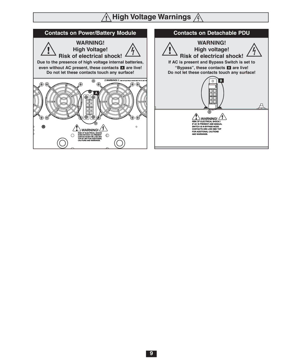 Tripp Lite SU8000RT4U, SU6000RT4U, SU5000RT4U owner manual High Voltage Warnings, High Voltage Risk of electrical shock 