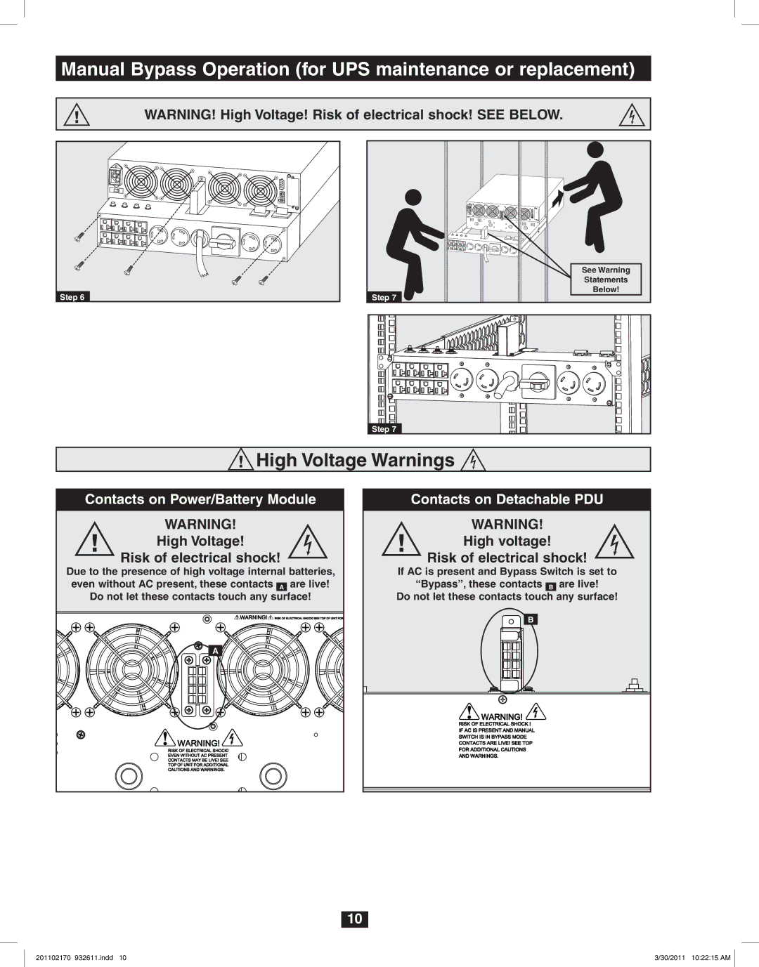 Tripp Lite SU6000RT4U, SU8000RT4U, SU5000RT4U owner manual High Voltage Warnings, High Voltage Risk of electrical shock 