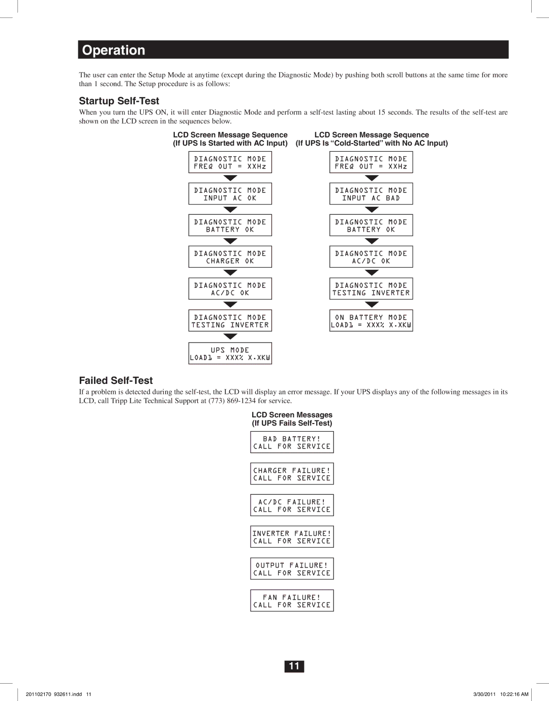 Tripp Lite SU5000RT4U, SU8000RT4U, SU6000RT4U owner manual Operation, Startup Self-Test, Failed Self-Test 