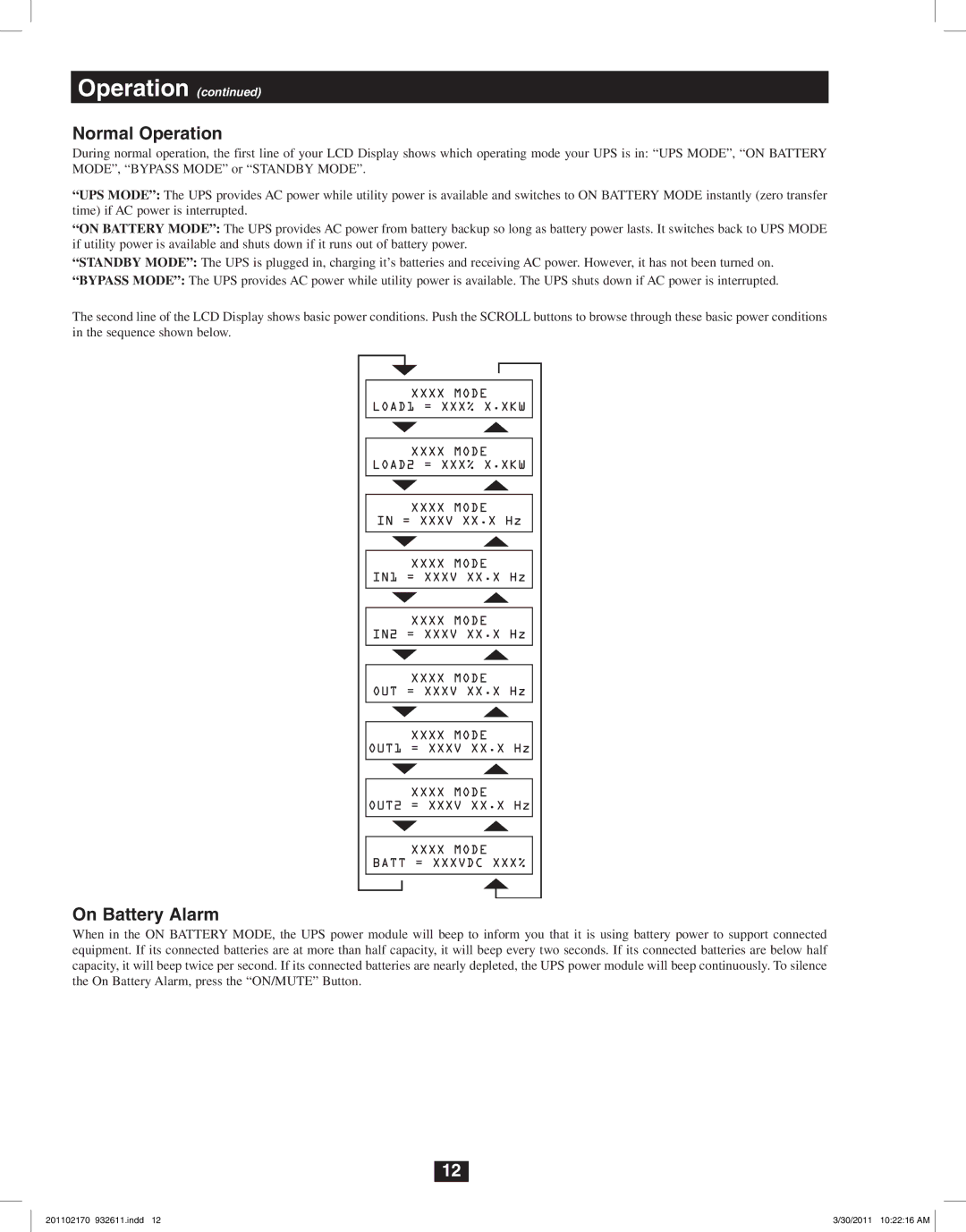 Tripp Lite SU8000RT4U, SU6000RT4U, SU5000RT4U owner manual Normal Operation, On Battery Alarm 