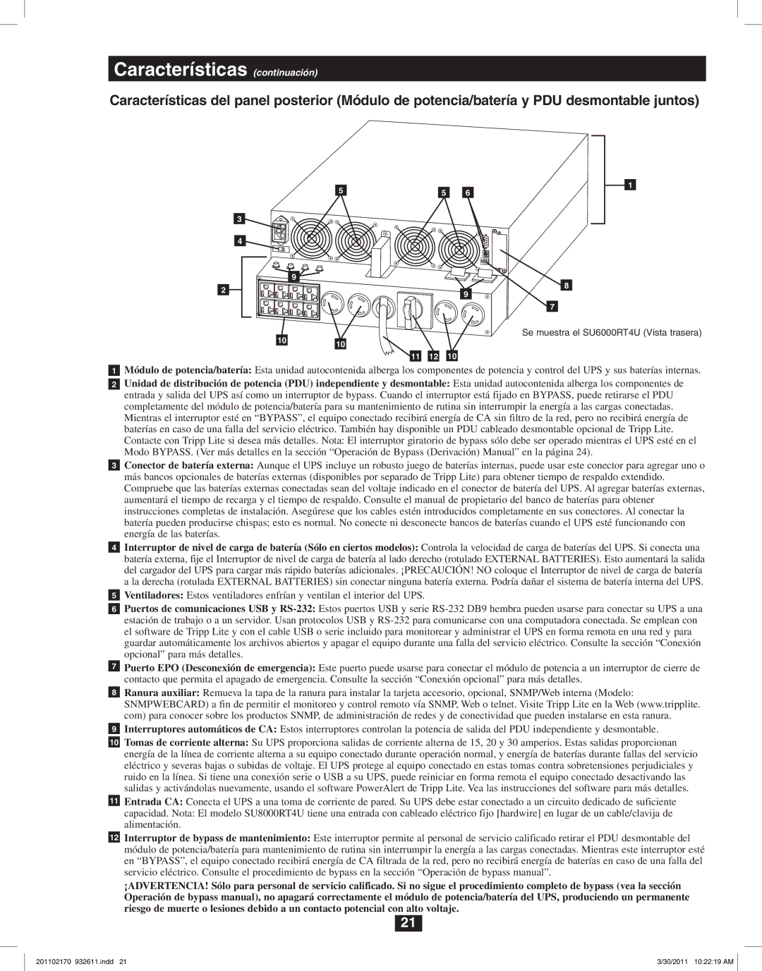 Tripp Lite SU8000RT4U, SU6000RT4U, SU5000RT4U owner manual Características continuación 