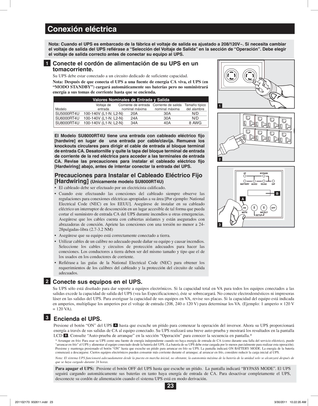 Tripp Lite SU5000RT4U, SU8000RT4U Precauciones para Instalar el Cableado Eléctrico Fijo, Conecte sus equipos en el UPS 