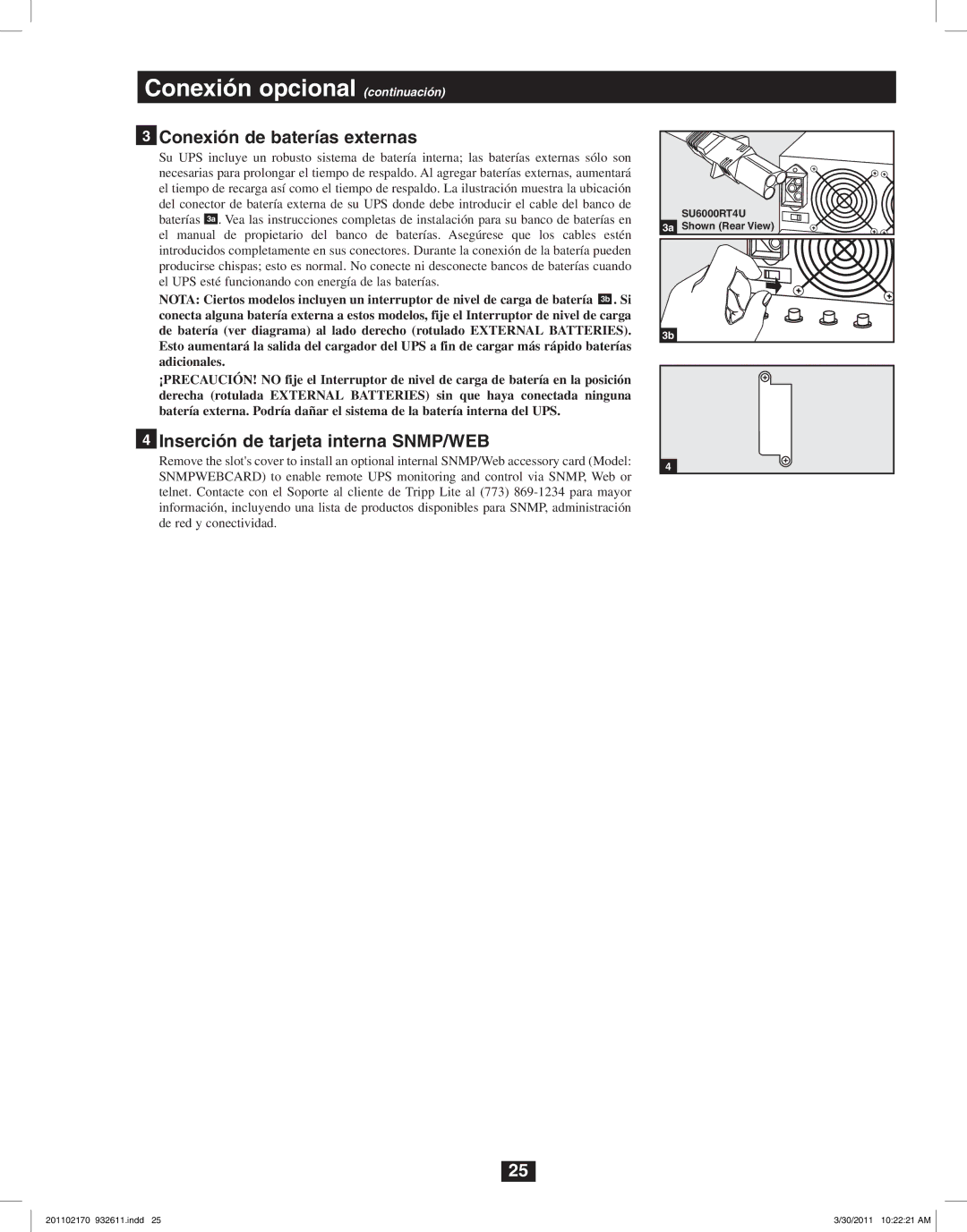 Tripp Lite SU6000RT4U Conexión opcional continuación, Conexión de baterías externas, Inserción de tarjeta interna SNMP/WEB 