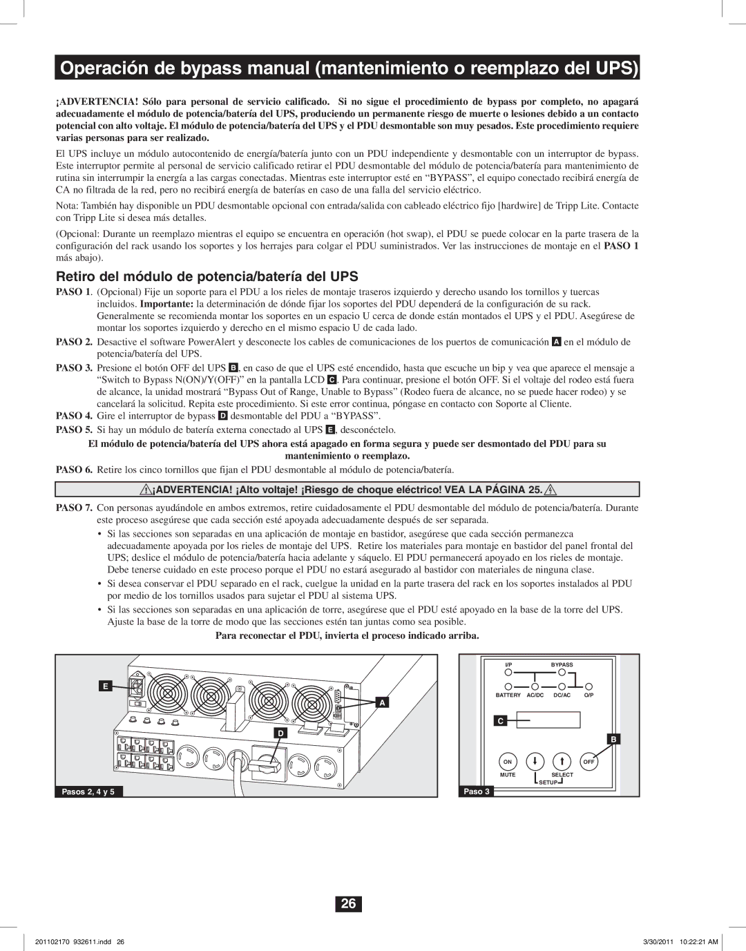 Tripp Lite SU5000RT4U, SU8000RT4U, SU6000RT4U owner manual Operación de bypass manual mantenimiento o reemplazo del UPS 