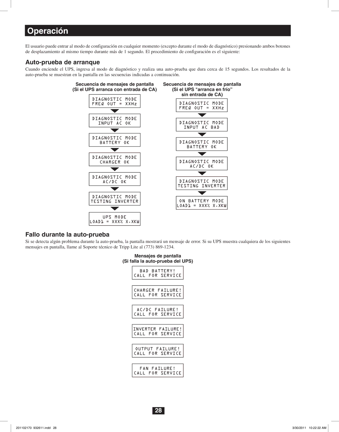 Tripp Lite SU6000RT4U, SU8000RT4U, SU5000RT4U owner manual Operación, Auto-prueba de arranque, Fallo durante la auto-prueba 