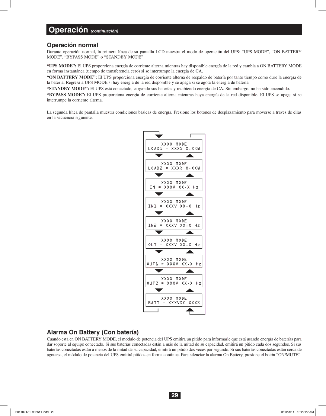 Tripp Lite SU5000RT4U, SU8000RT4U, SU6000RT4U owner manual Operación normal, Alarma On Battery Con batería 