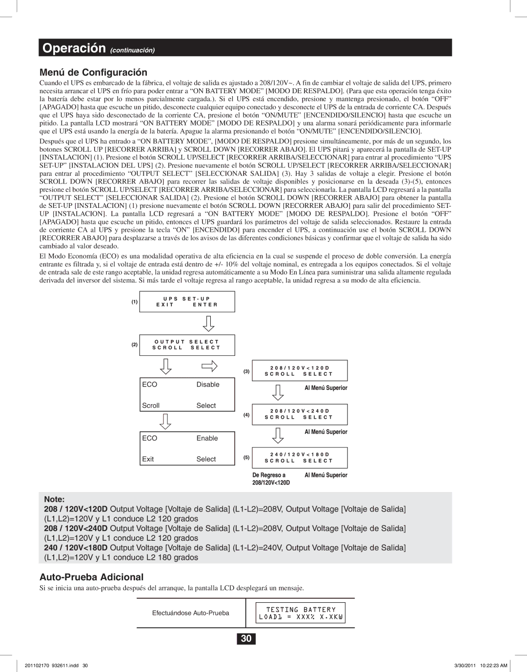 Tripp Lite SU8000RT4U, SU6000RT4U, SU5000RT4U owner manual Menú de Configuración, Auto-Prueba Adicional 