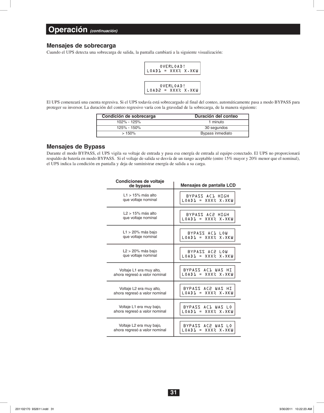 Tripp Lite SU6000RT4U, SU8000RT4U, SU5000RT4U owner manual Mensajes de sobrecarga, Mensajes de Bypass 