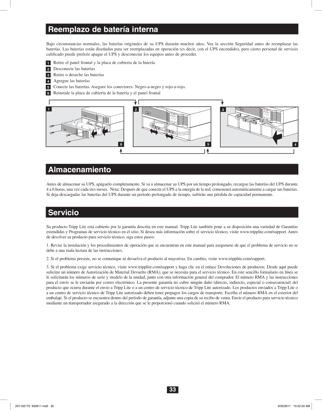 Tripp Lite SU8000RT4U, SU6000RT4U, SU5000RT4U owner manual Almacenamiento, Servicio 