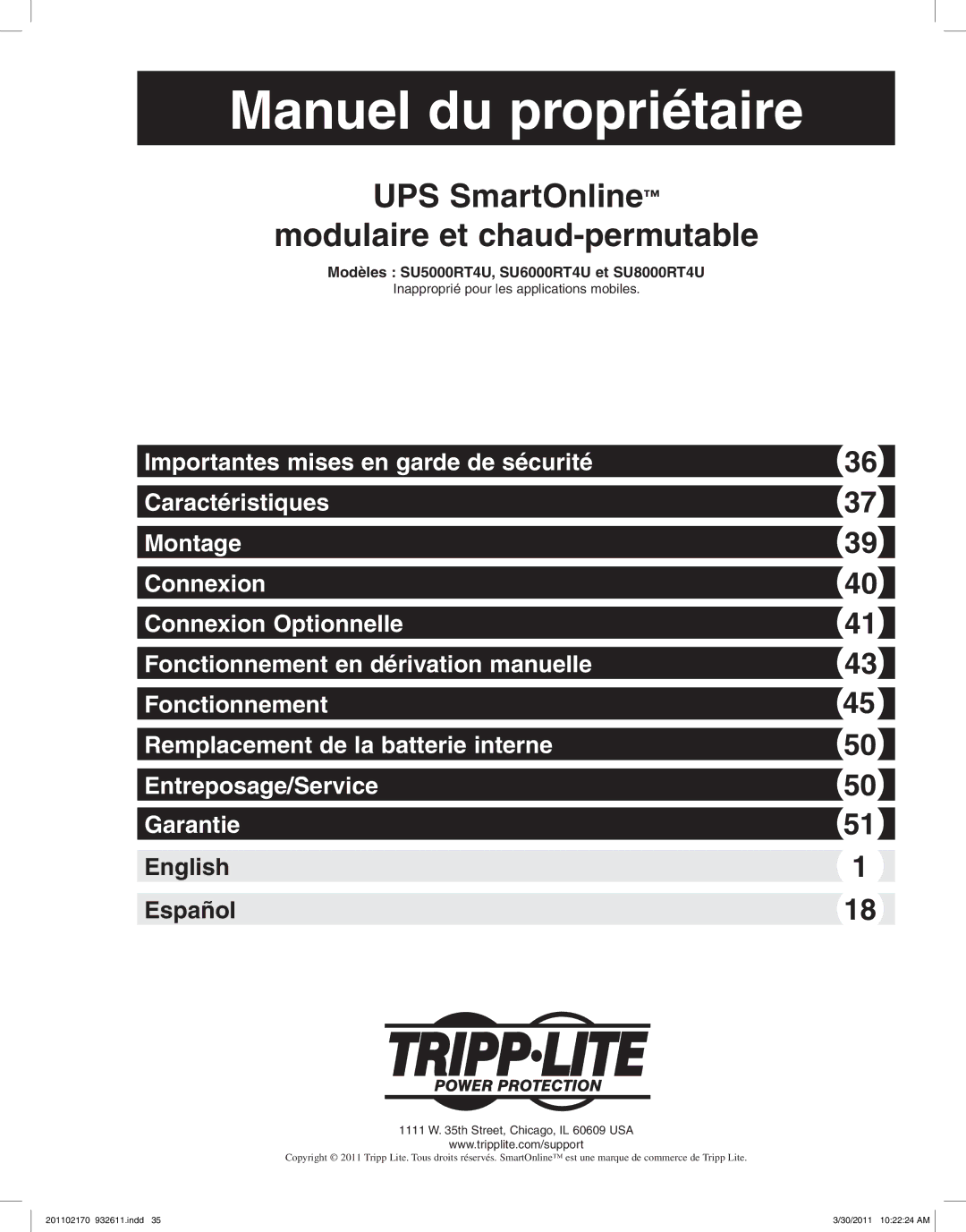 Tripp Lite SU5000RT4U, SU8000RT4U, SU6000RT4U owner manual Manuel du propriétaire 