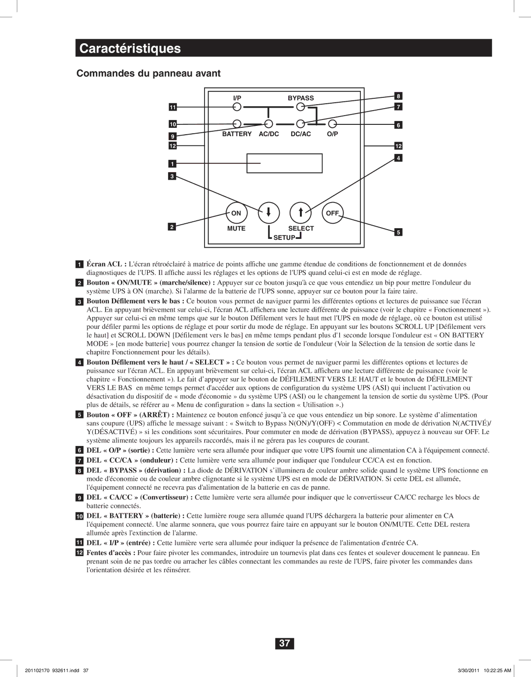 Tripp Lite SU6000RT4U, SU8000RT4U, SU5000RT4U owner manual Caractéristiques, Commandes du panneau avant 