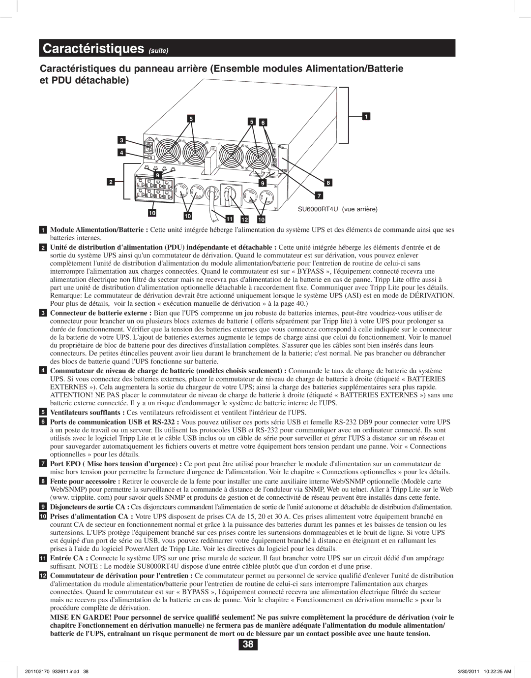 Tripp Lite SU5000RT4U, SU8000RT4U, SU6000RT4U owner manual Caractéristiques suite 