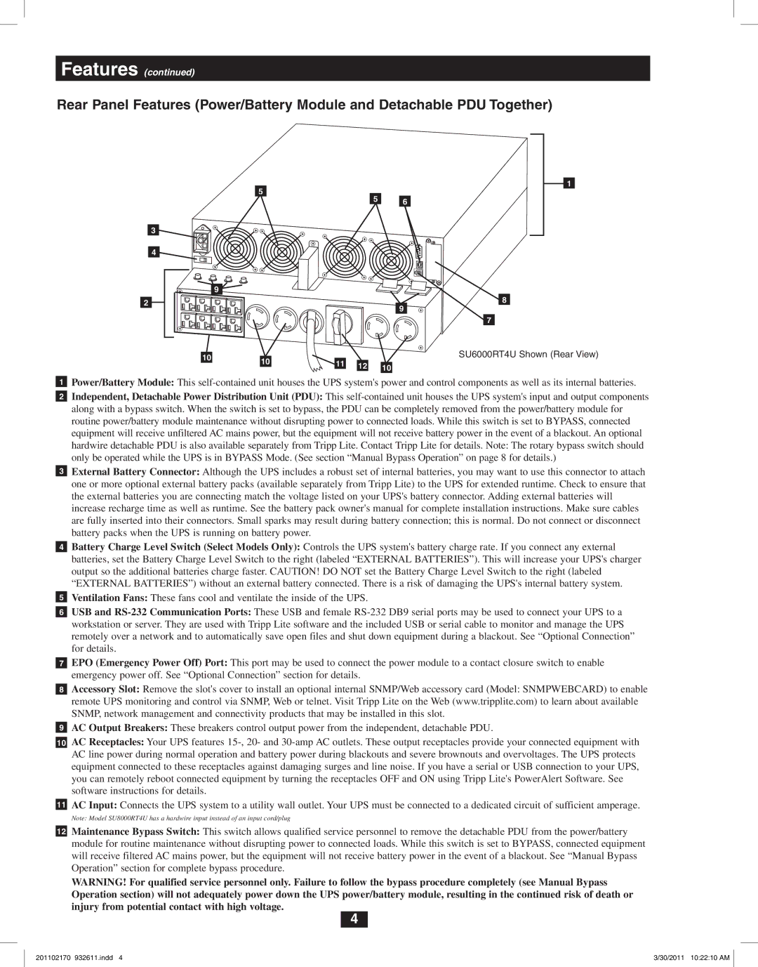 Tripp Lite SU6000RT4U, SU8000RT4U, SU5000RT4U owner manual Features 