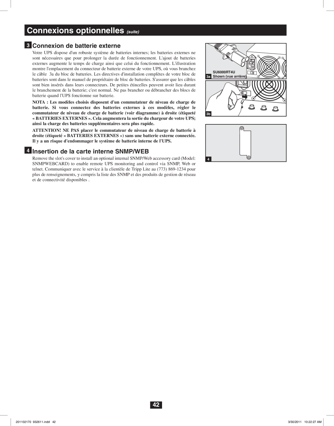 Tripp Lite SU8000RT4U Connexions optionnelles suite, Connexion de batterie externe, Insertion de la carte interne SNMP/WEB 