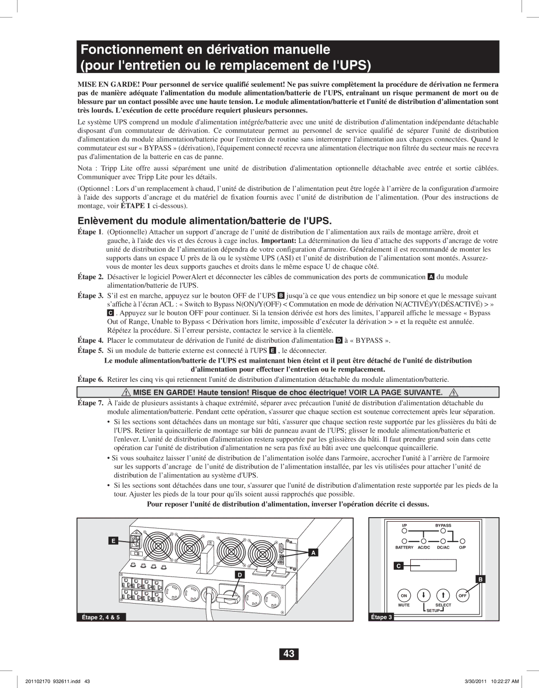 Tripp Lite SU6000RT4U, SU8000RT4U, SU5000RT4U owner manual Enlèvement du module alimentation/batterie de lUPS 