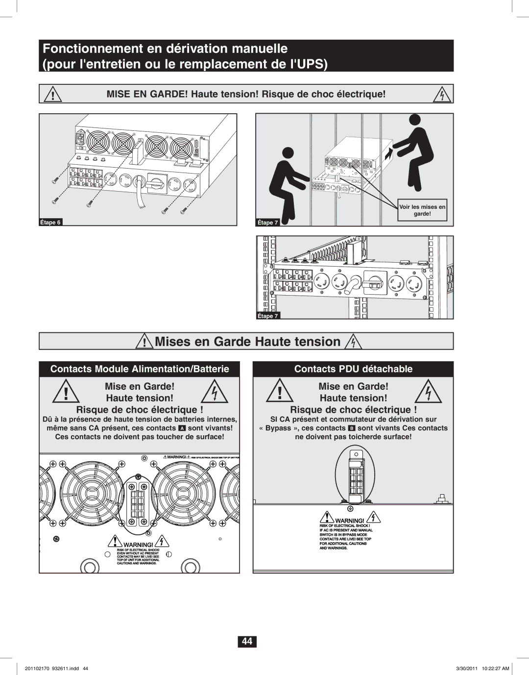Tripp Lite SU5000RT4U, SU8000RT4U, SU6000RT4U owner manual Mise EN GARDE! Haute tension! Risque de choc électrique 