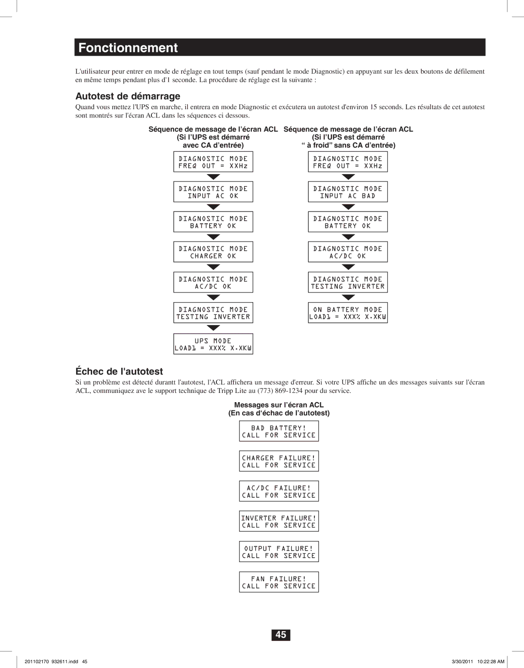 Tripp Lite SU8000RT4U, SU6000RT4U, SU5000RT4U owner manual Fonctionnement, Autotest de démarrage, Échec de lautotest 