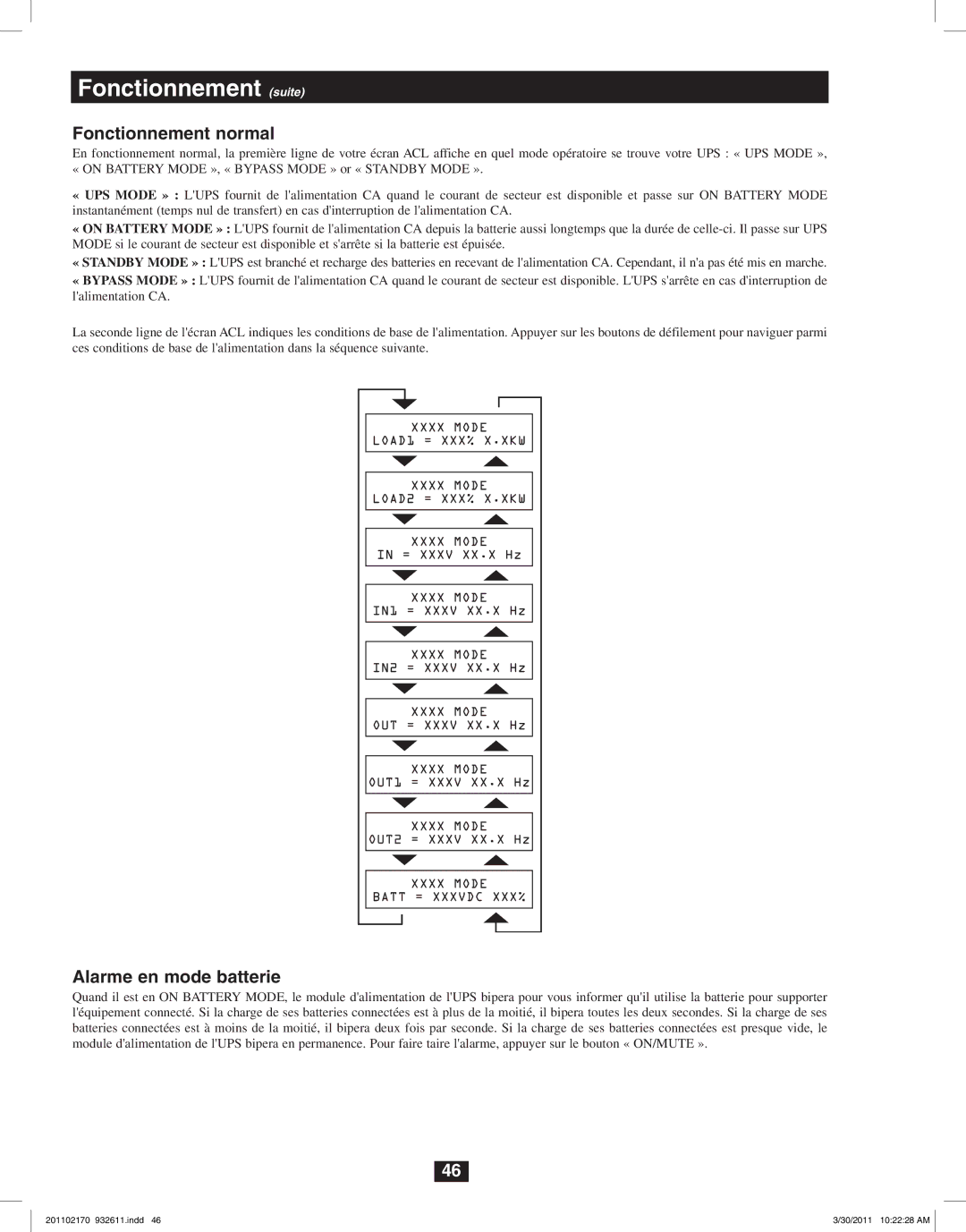 Tripp Lite SU6000RT4U, SU8000RT4U, SU5000RT4U Fonctionnement suite, Fonctionnement normal, Alarme en mode batterie 