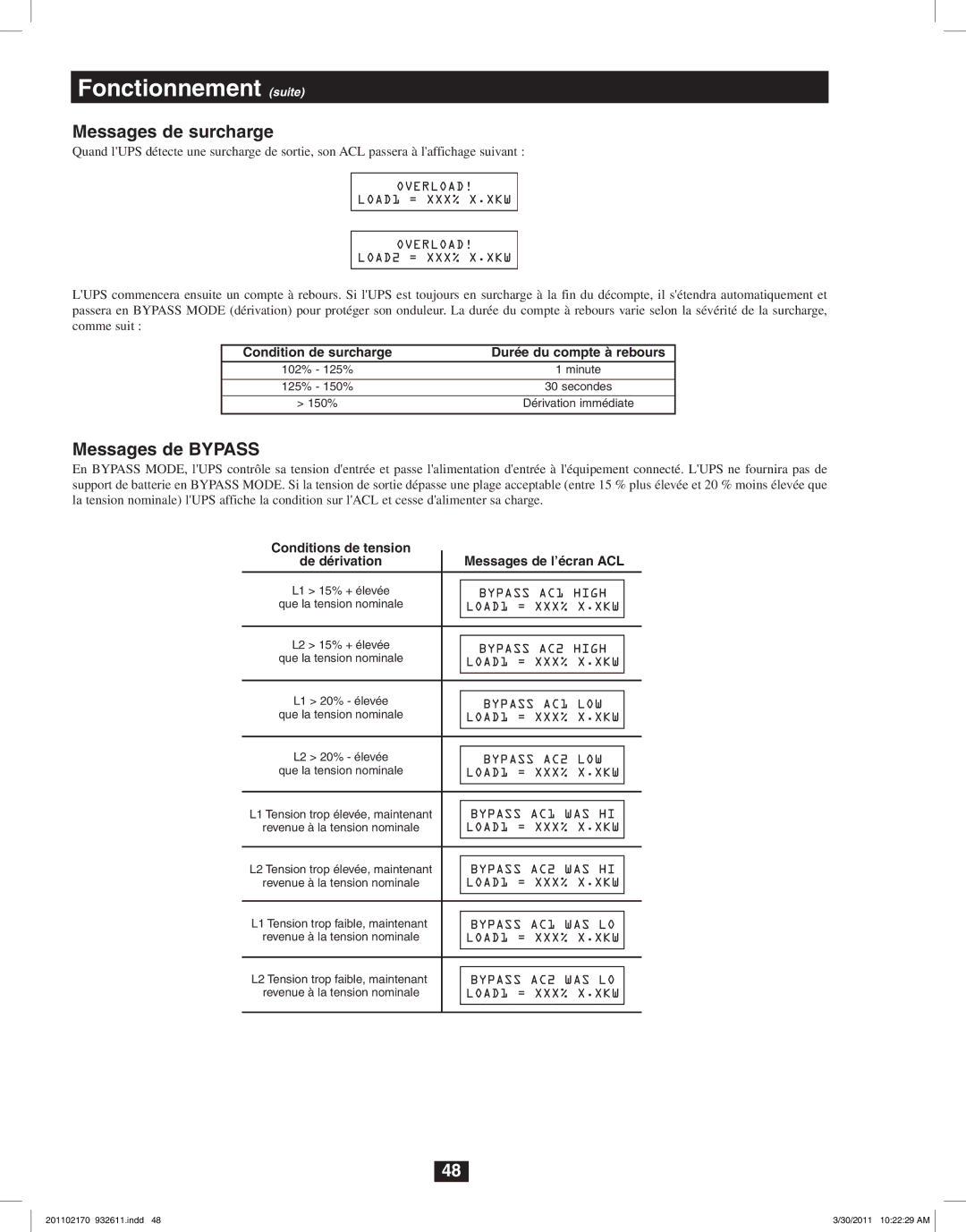 Tripp Lite SU8000RT4U, SU6000RT4U, SU5000RT4U owner manual Messages de surcharge, Messages de Bypass 