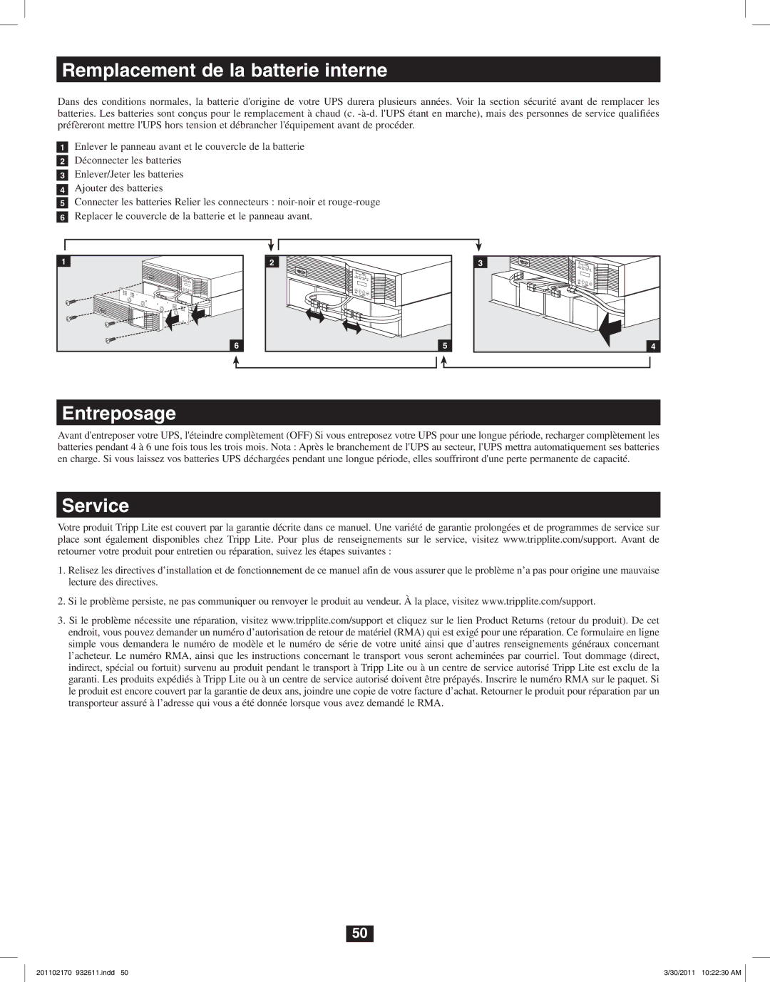 Tripp Lite SU5000RT4U, SU8000RT4U, SU6000RT4U owner manual Remplacement de la batterie interne, Entreposage 