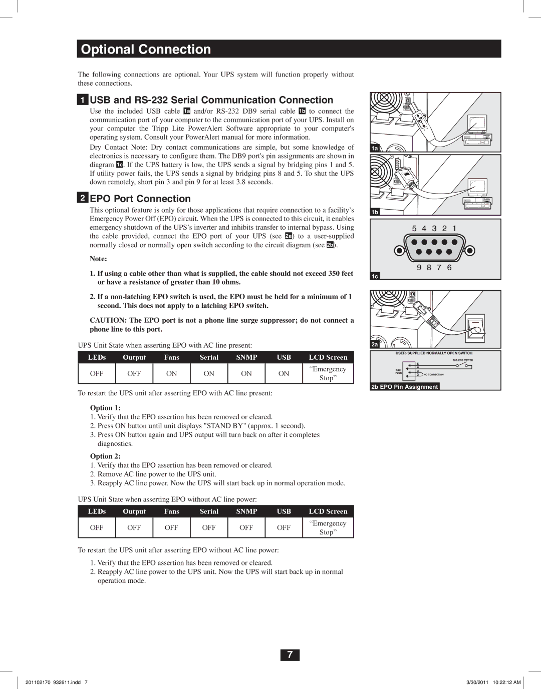 Tripp Lite SU6000RT4U, SU8000RT4U, SU5000RT4U USB and RS-232 Serial Communication Connection, EPO Port Connection 