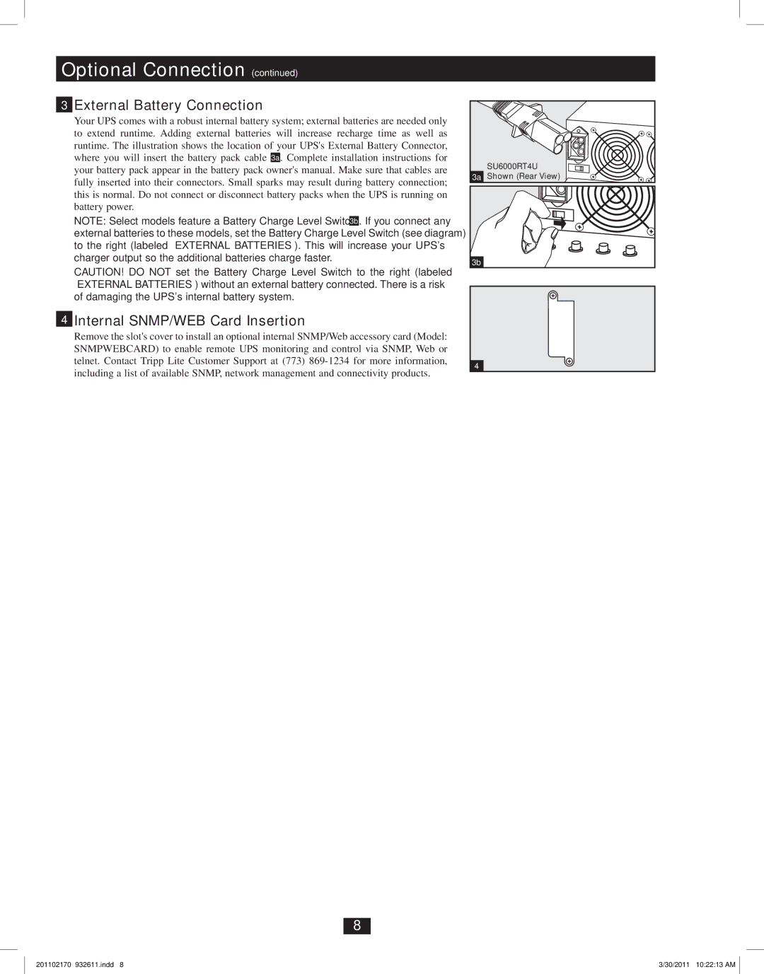 Tripp Lite SU5000RT4U, SU8000RT4U, SU6000RT4U owner manual External Battery Connection Internal SNMP/WEB Card Insertion 