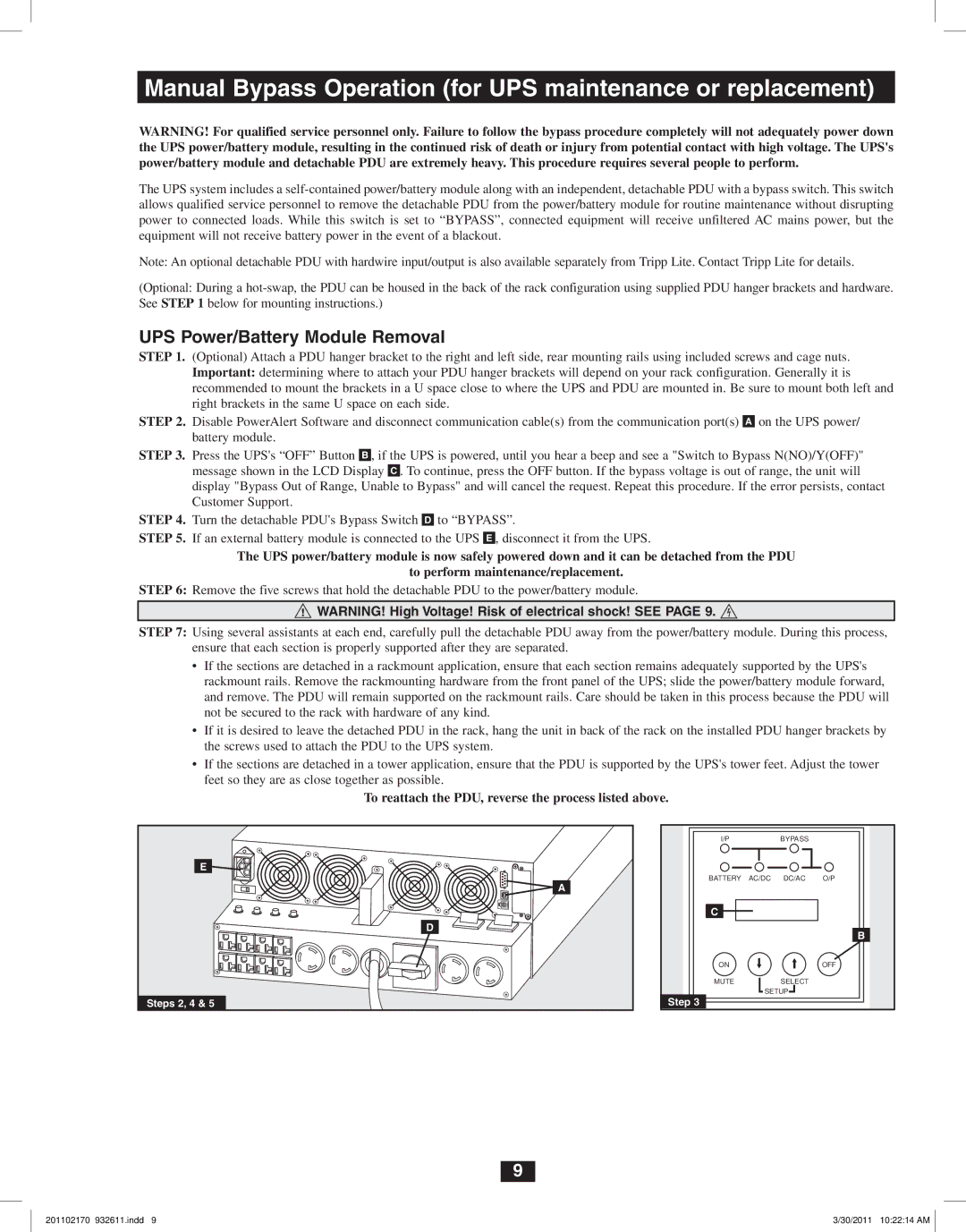 Tripp Lite SU8000RT4U Manual Bypass Operation for UPS maintenance or replacement, UPS Power/Battery Module Removal 