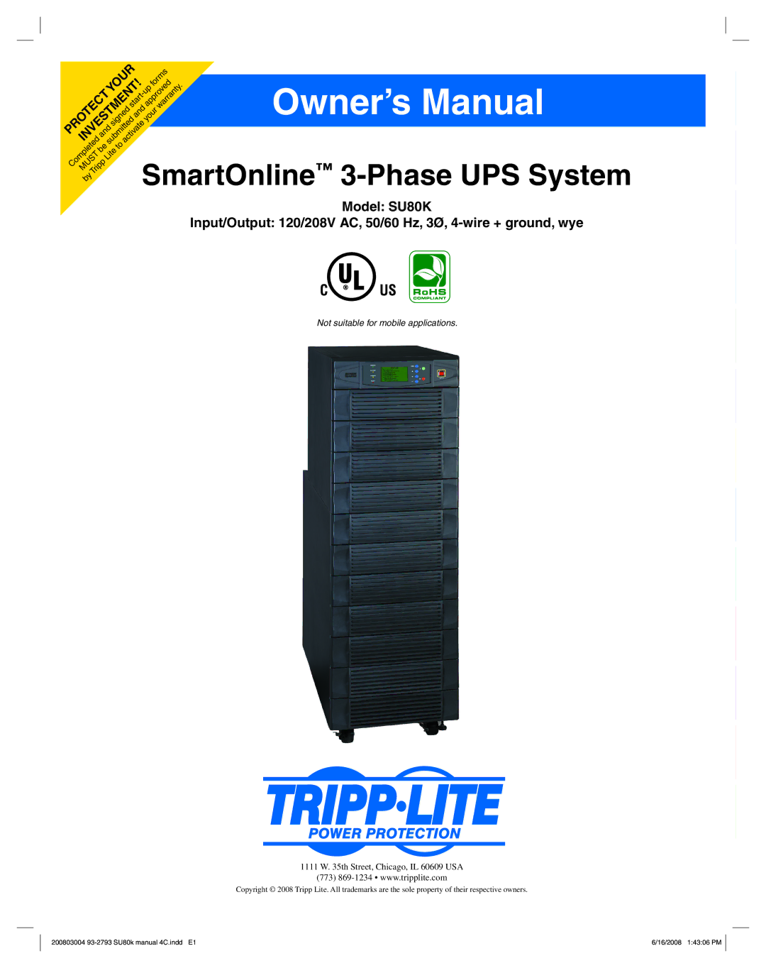 Tripp Lite SU80K owner manual SmartOnline Phase UPS System 