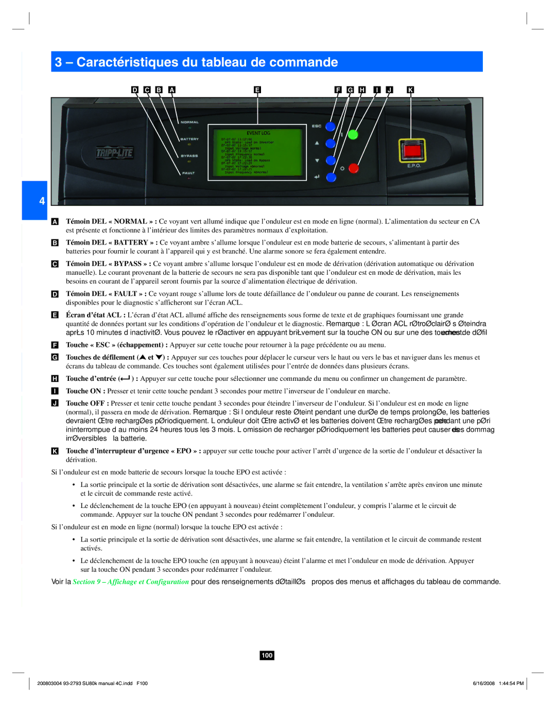 Tripp Lite SU80K owner manual Caractéristiques du tableau de commande 