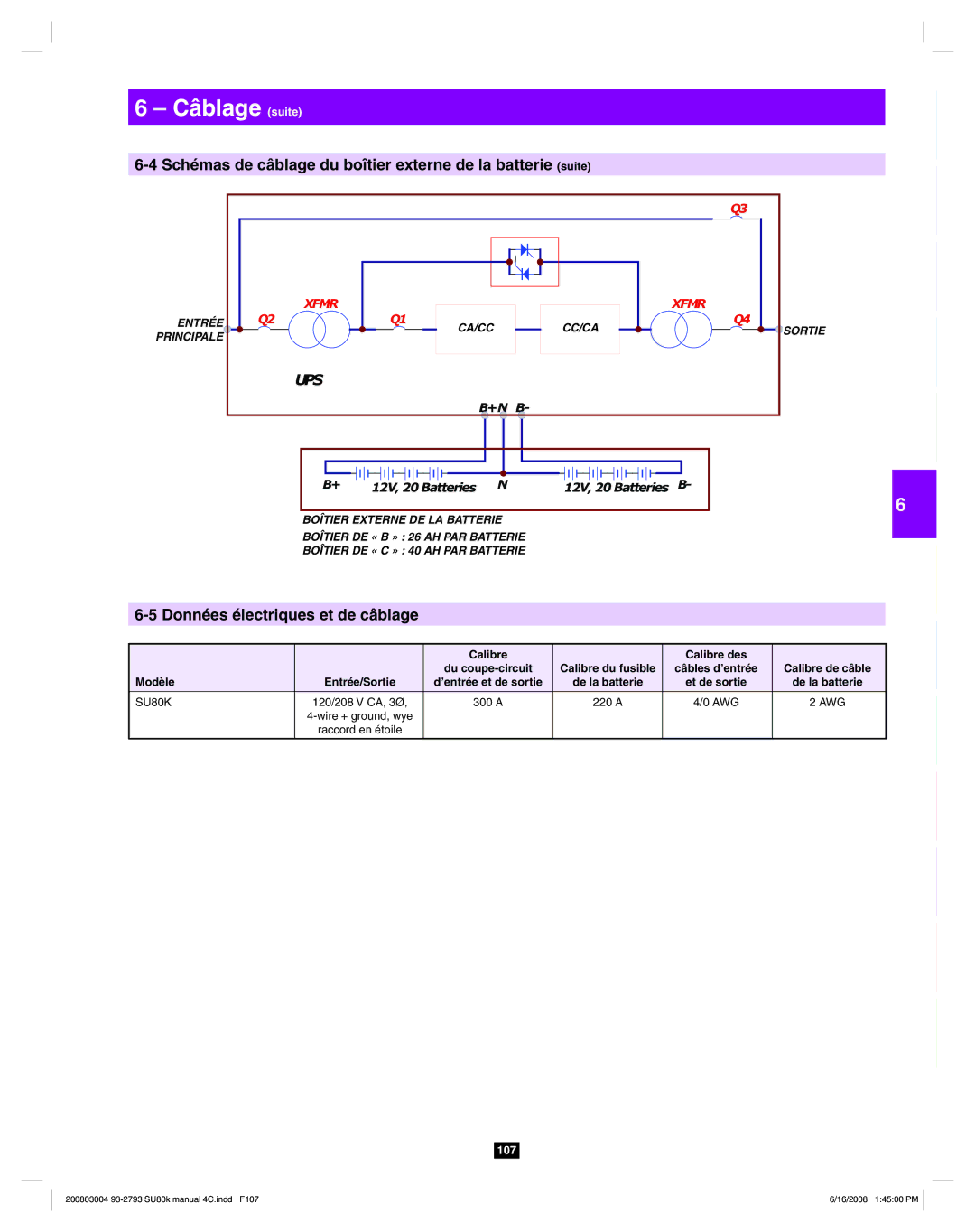 Tripp Lite SU80K owner manual Schémas de câblage du boîtier externe de la batterie suite, Données électriques et de câblage 